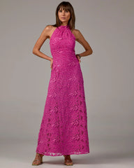Sequin Lace Halter Neck Maxi Dress Raspberry Rose