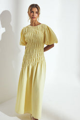Smock Detail Puff Sleeve Midi Dress