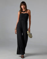 Strapless Ruched Wide Leg Knit Jumpsuit Black