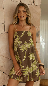 Bethani Mini Dress - Brown/Green Palm
