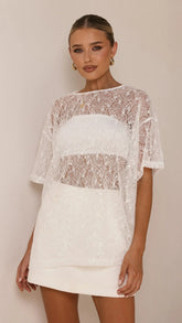 Zebia Sheer Sequin Lace Top - White