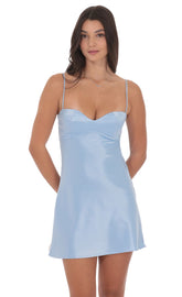 Satin Sweetheart Neck Dress in Light Blue