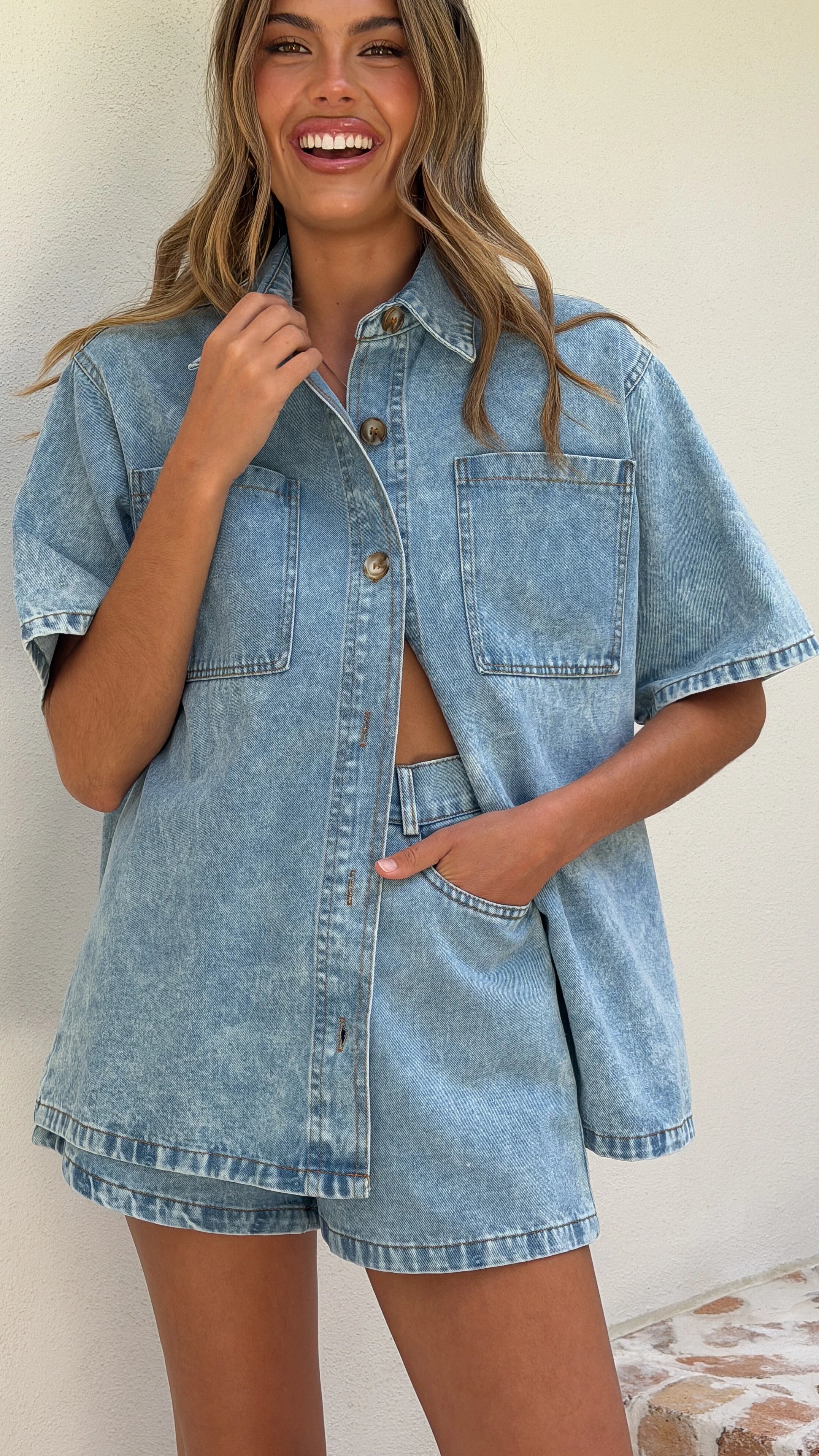 Olivia Shirt and Shorts Set - Light Denim