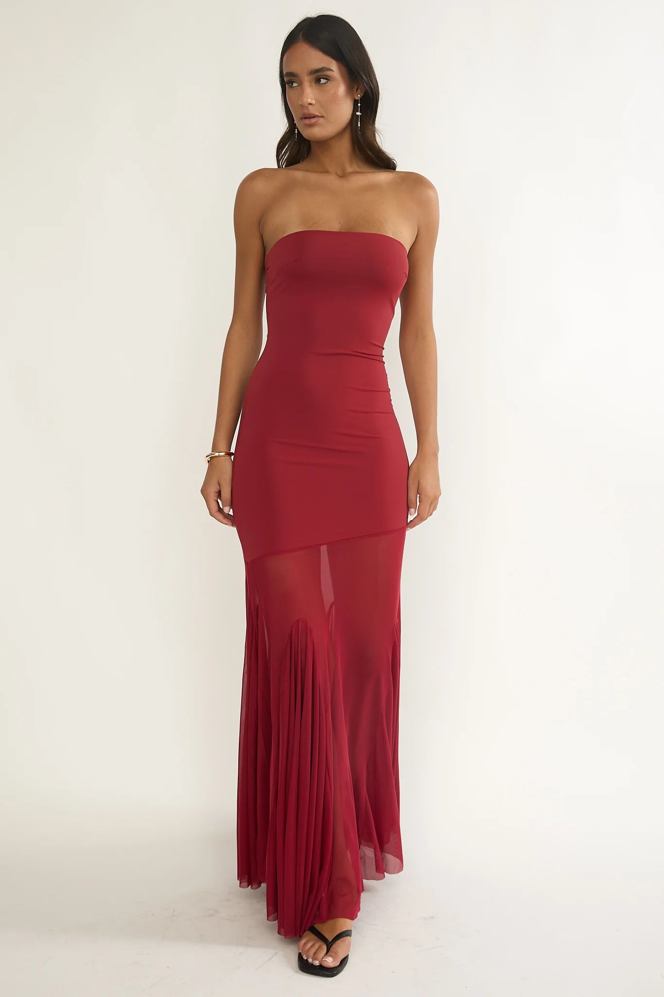 Velvet Rope Strapless Mesh Maxi Dress Wine