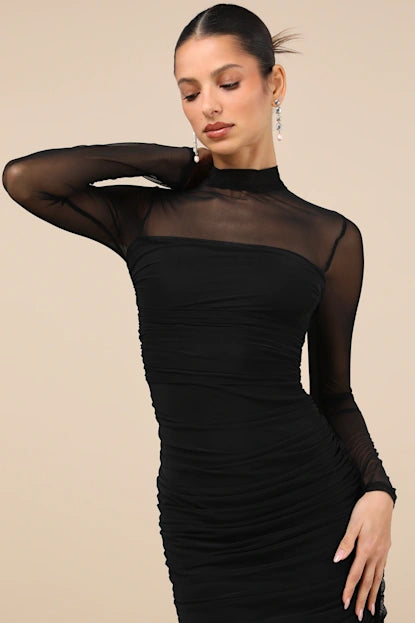 Impressive Flirt Black Mesh Ruched Mock Neck Midi Dress
