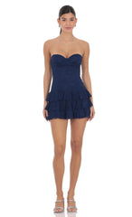 Lace Strapless Ruffle Dress in Navy