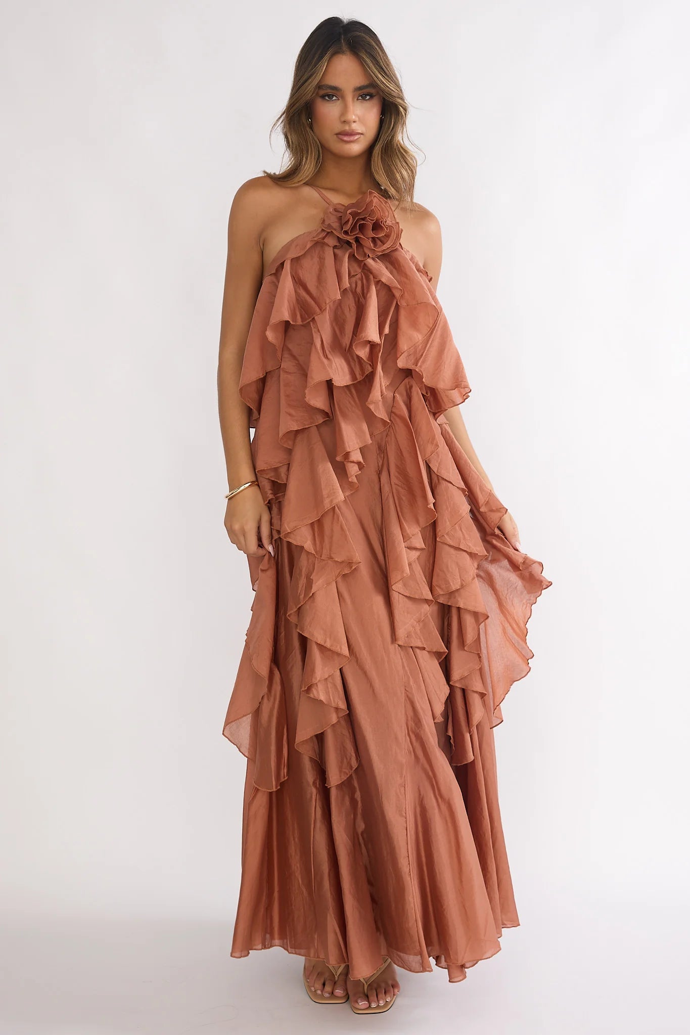 Secret Rendezvous Layered Ruffle Maxi Dress Rust