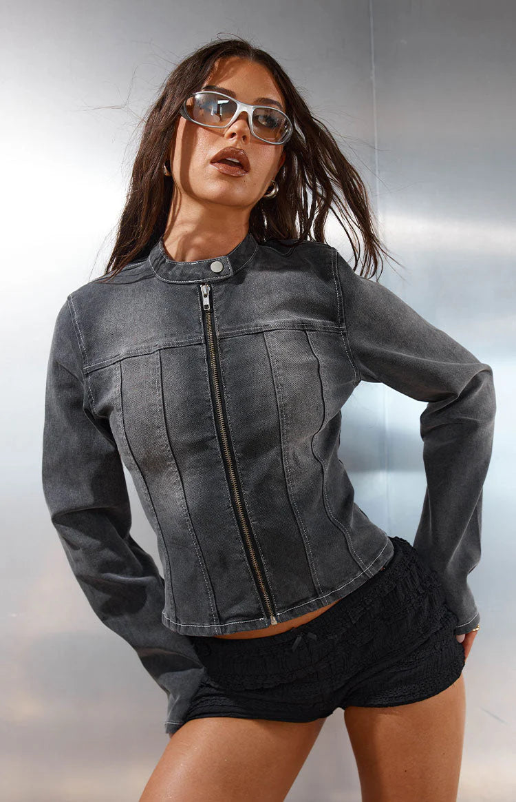 Corey Black Washed Denim Biker Jacket