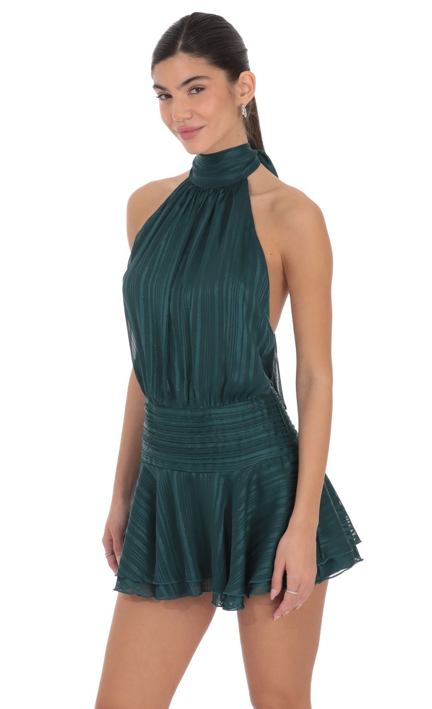 Shimmer Mock Neck Halter Dress in Green