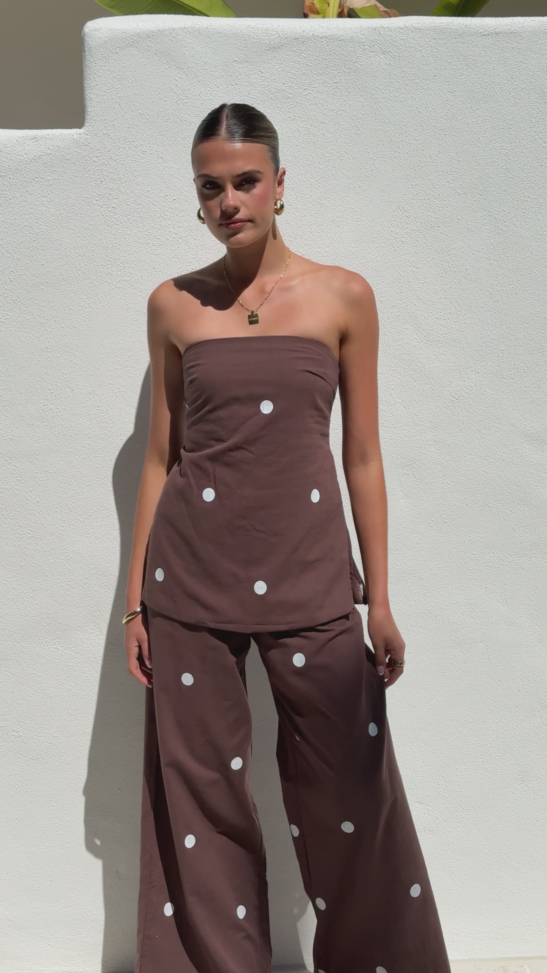 Kailani Strapless Top and Pants Set - Chocolate / White Polka Dot
