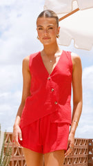 Gallia Asymmetrical Top and Shorts Set - Red