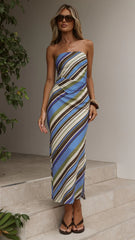 Saranya Scarf Top and Maxi Skirt Set - Blue/Khaki Stripe