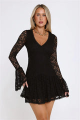Gilded Lace Nights Long Sleeve Mini Dress Black