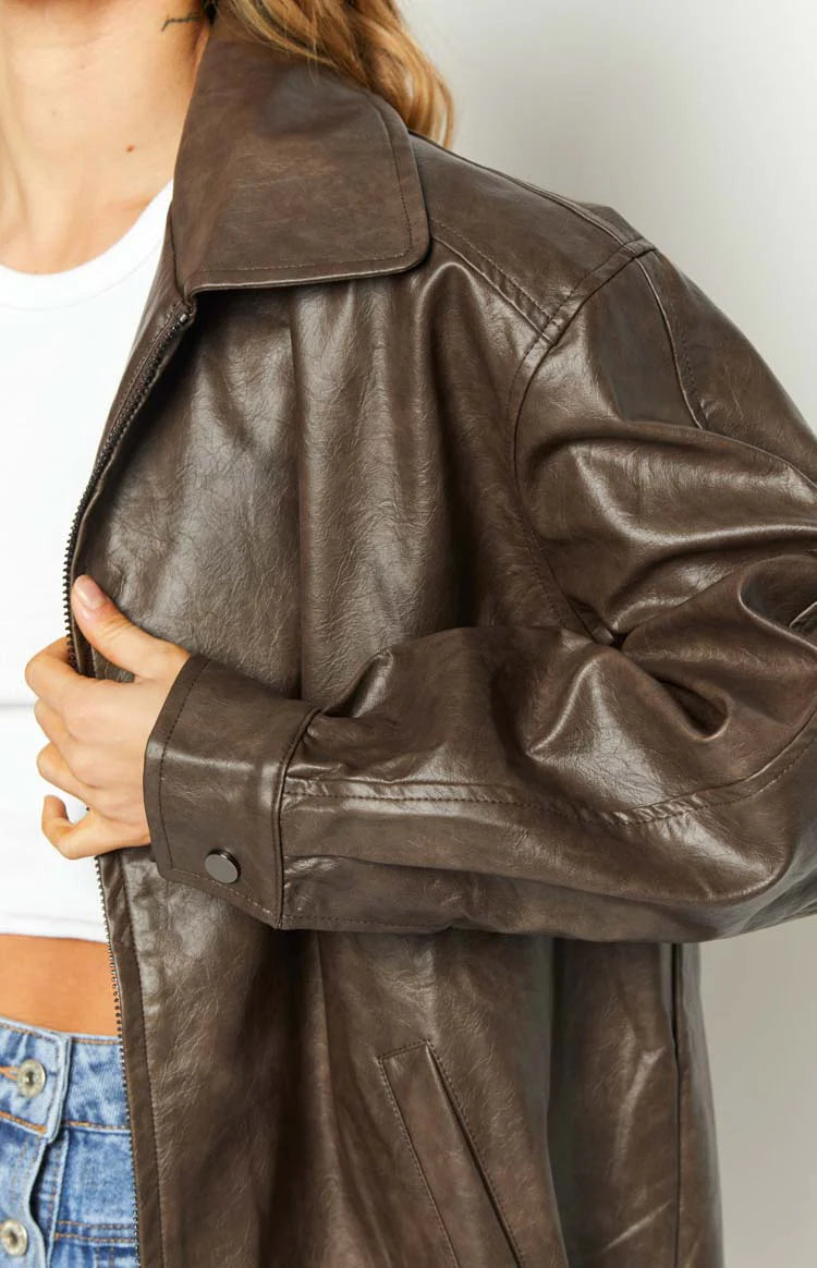 Abbi PU Vintage Brown Bomber Jacket