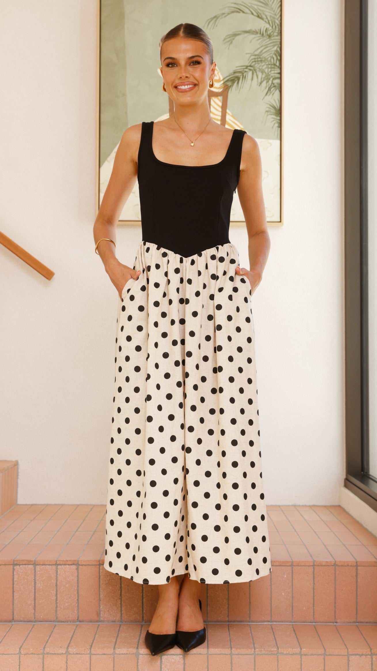 Leoni Maxi Dress - Oat/Black Spot