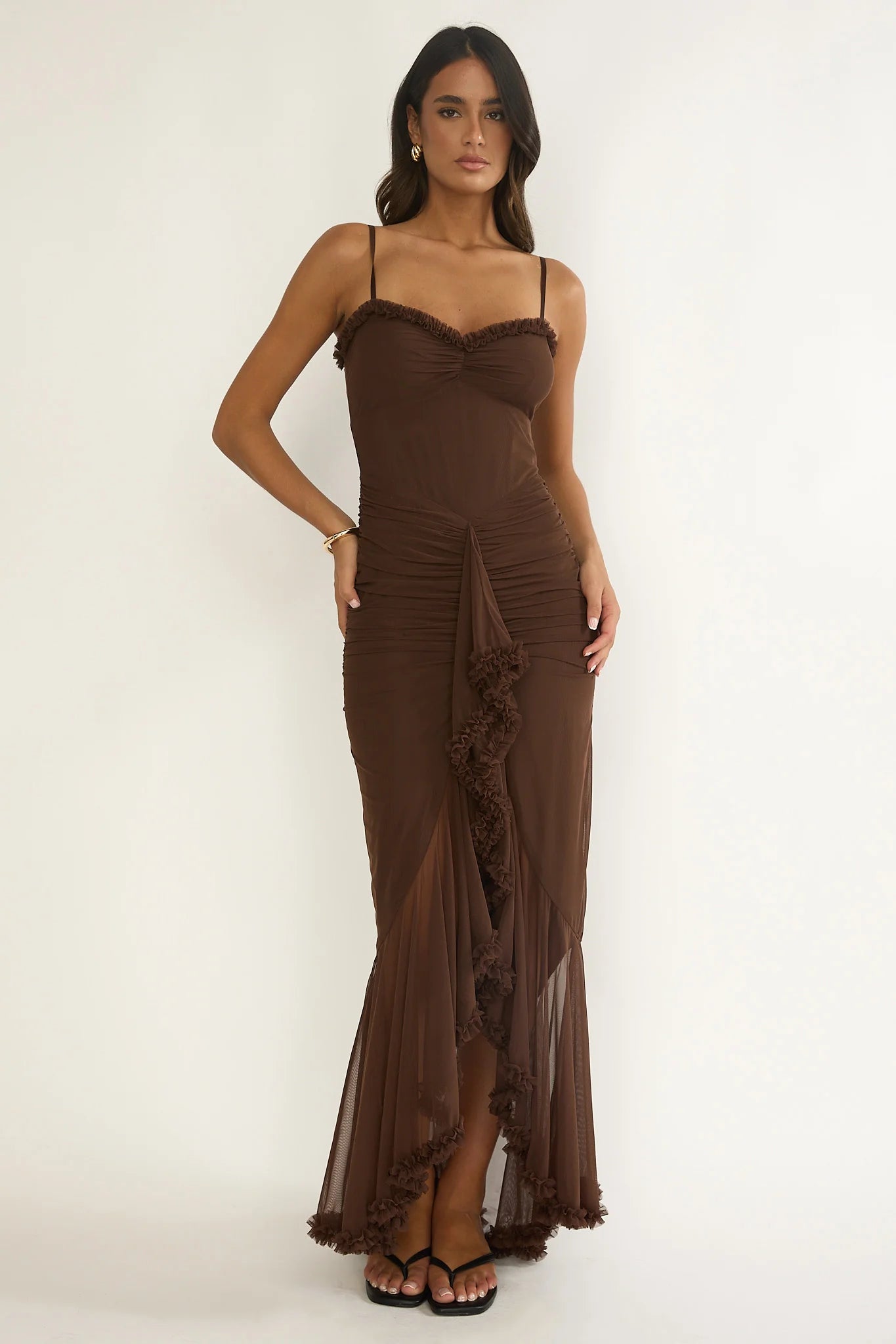 Noelia Gathered Waist Frill Trim Maxi Dres Chocolate