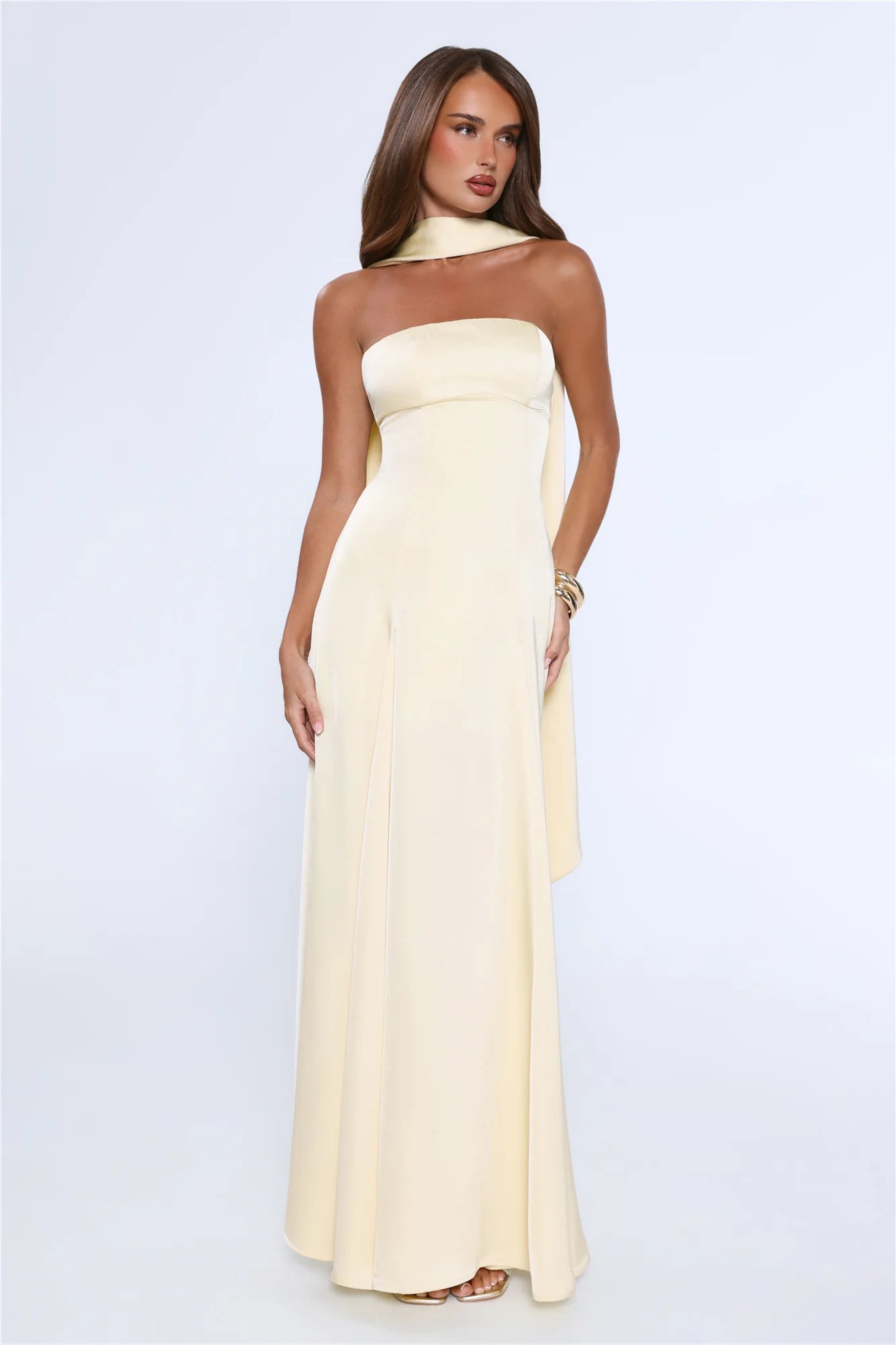 Satin Tempt Strapless Maxi Dress Lemon