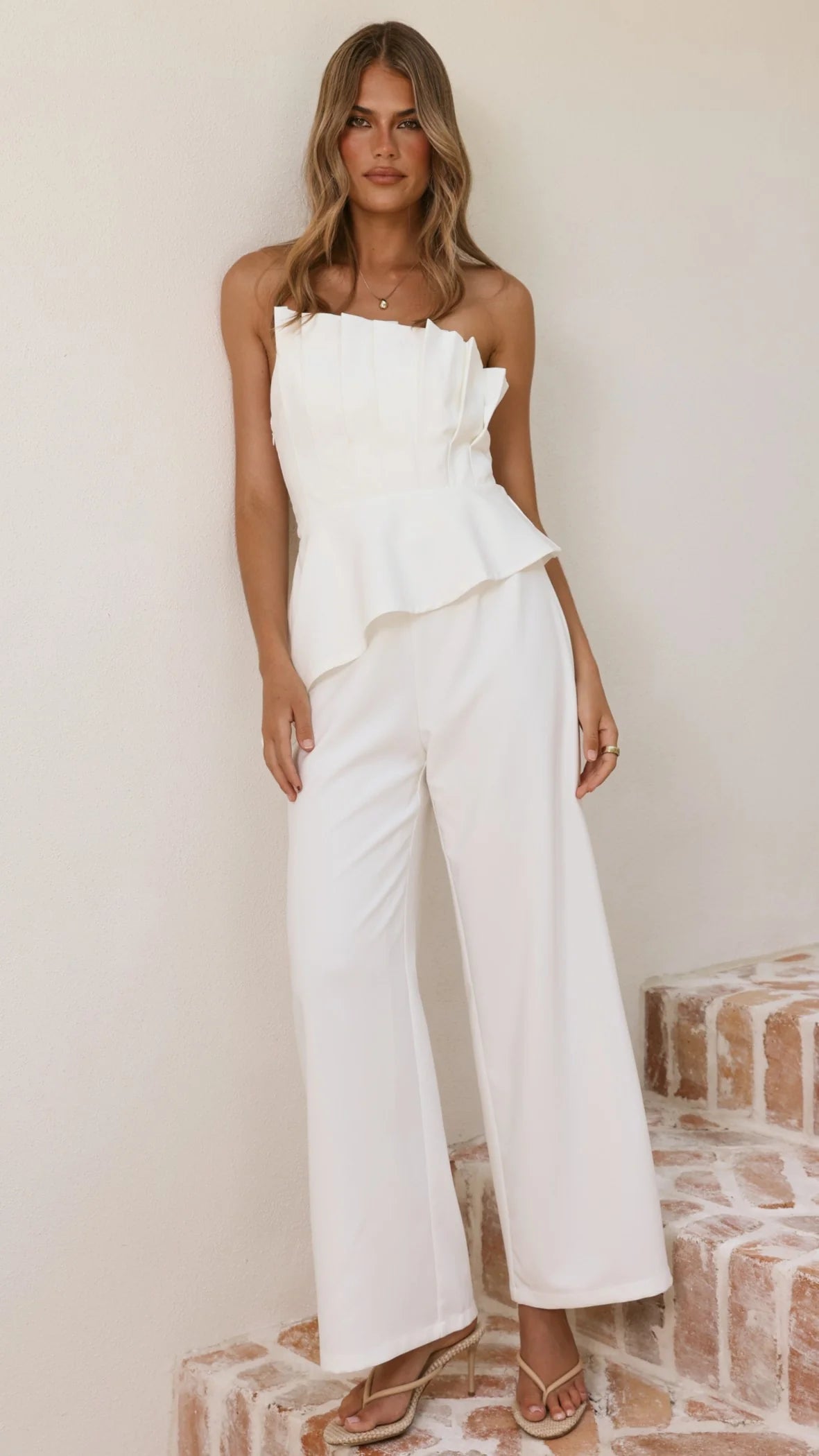 Javana Asymmetrical Top and Pants Set - White