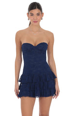 Lace Strapless Ruffle Dress in Navy