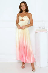 Melting Sunset Satin Strapless Maxi Dress Yellow