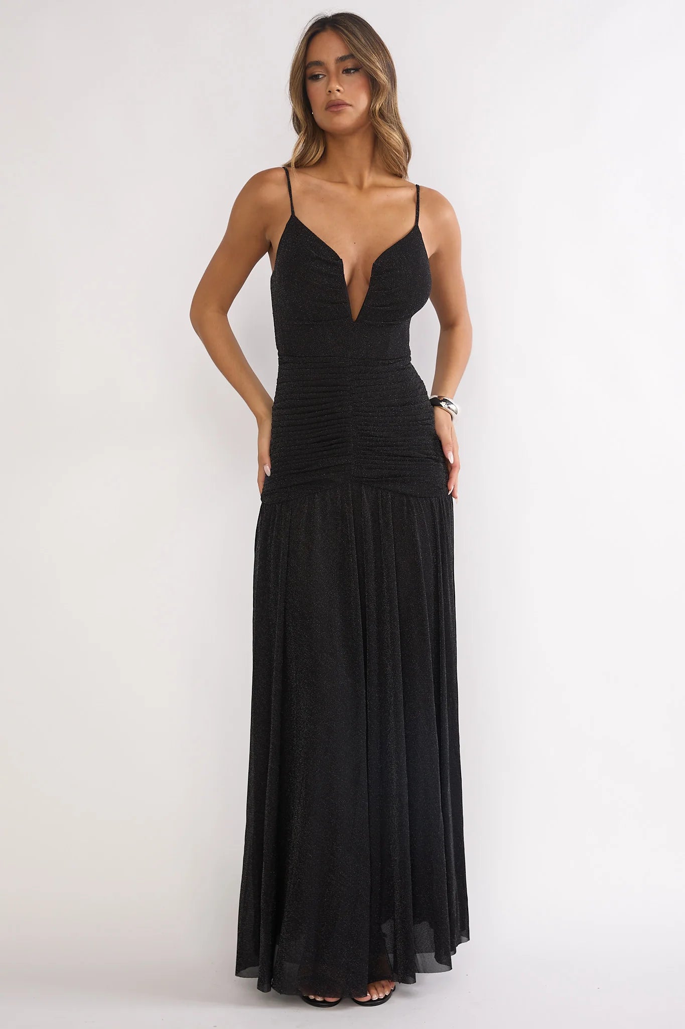 Orizel Pintuck Drop Waist Maxi Dress Sparkle Black