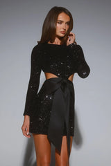 Red Carpet Reverie Long Sleeve Sequin Mini Dress Black