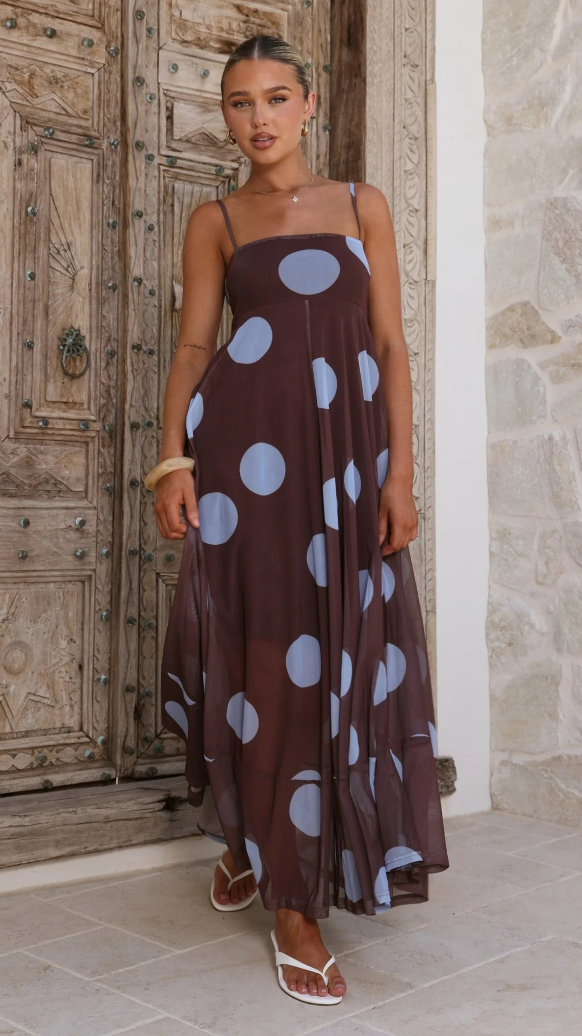 Melinda Mesh Maxi Dress - Brown / Blue Polka Dot