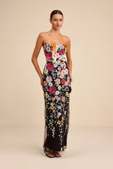 Macario Black Multi 3D Floral Embroidered Strapless Maxi Dress