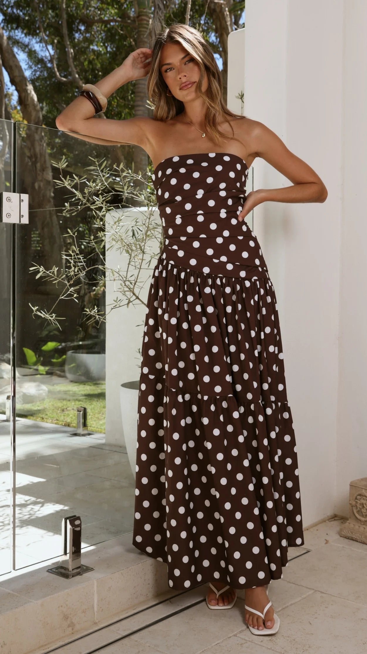 Lyra Maxi Dress - Brown/White Polka Dot