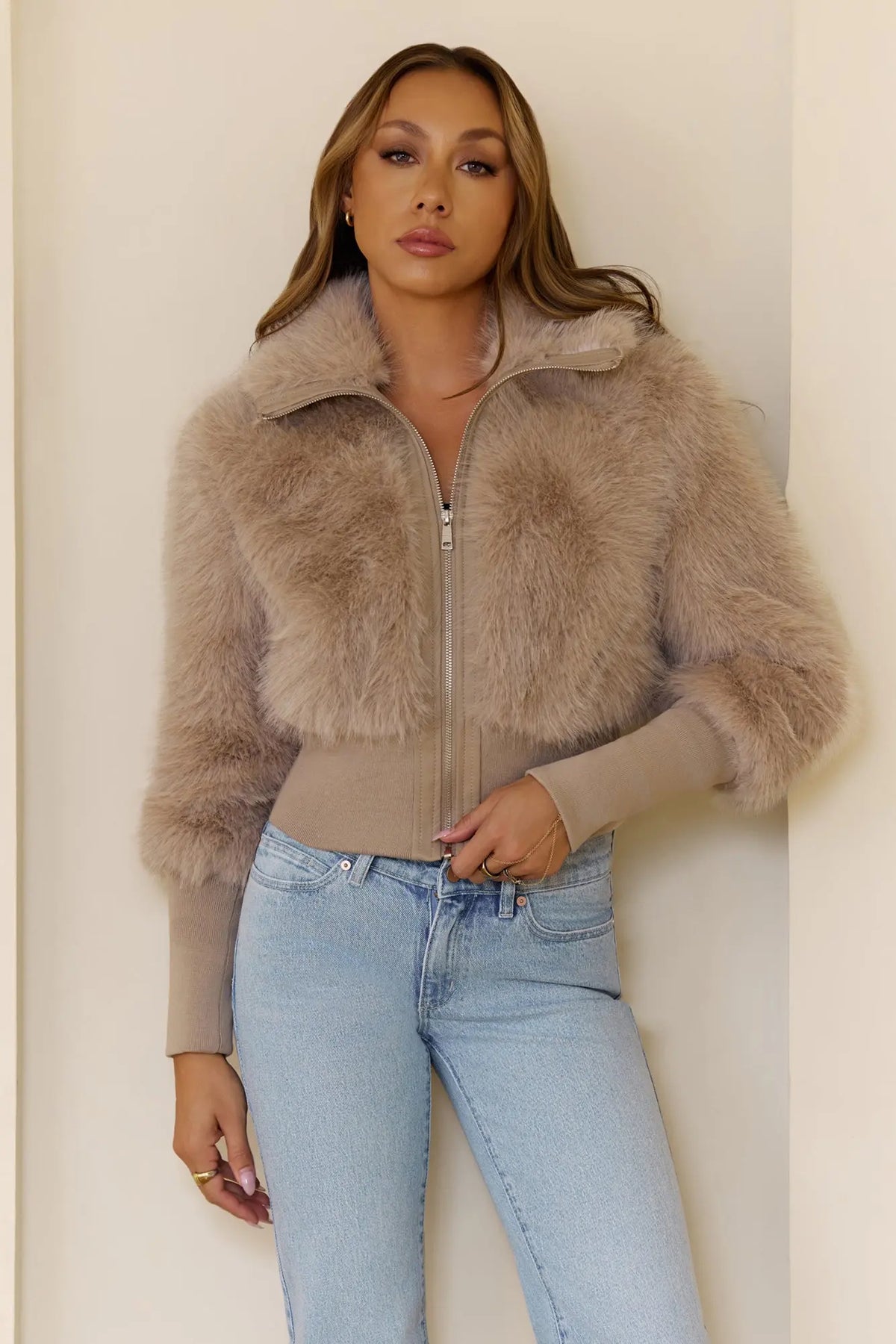 Midnight Whimsy Faux Fur Jacket Taupe