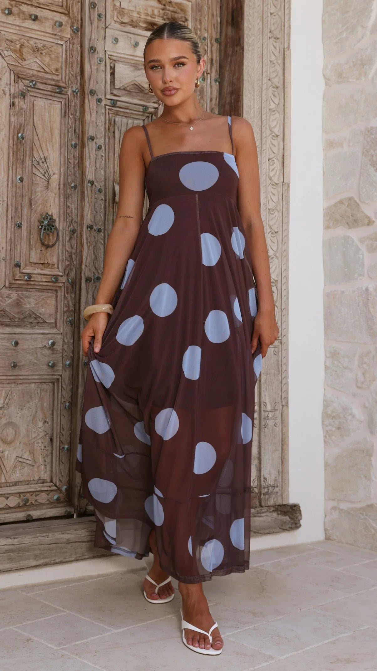 Melinda Mesh Maxi Dress - Brown / Blue Polka Dot