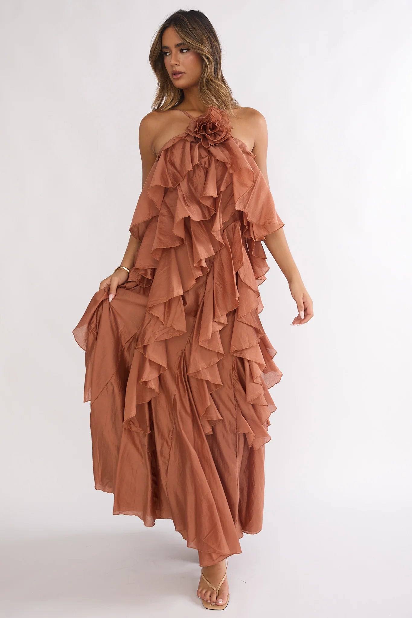 Secret Rendezvous Layered Ruffle Maxi Dress Rust