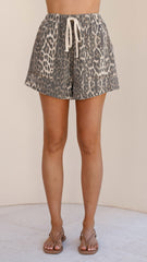Vasila Button Up Shirt and Shorts Set - Light Leopard Print