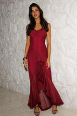 Noelia Gathered Waist Frill Trim Maxi Dres Wine