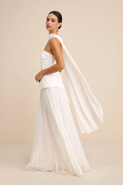 Eloise White Jacquard Pleated Maxi Dress and Scarf Set