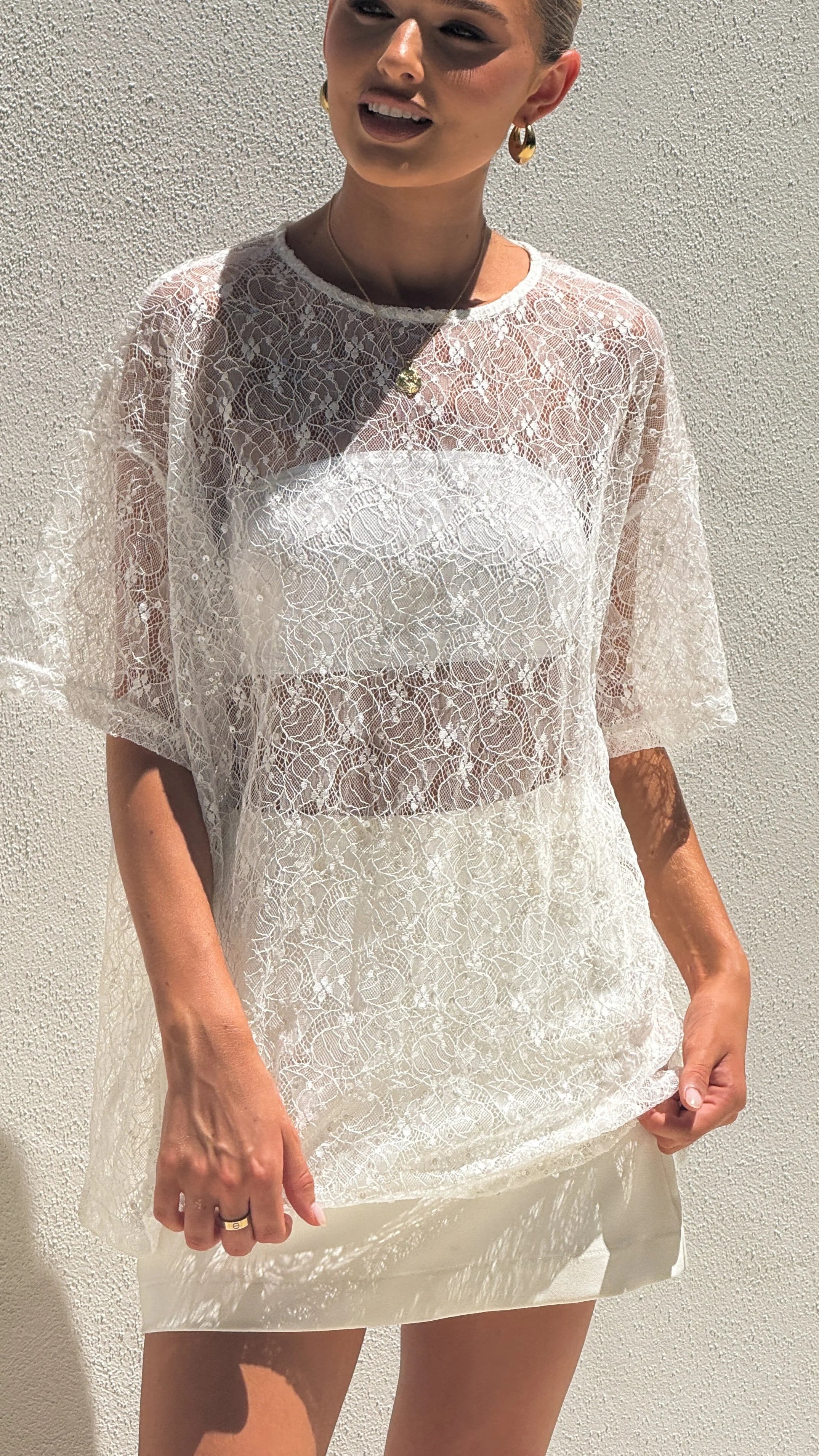 Zebia Sheer Sequin Lace Top - White