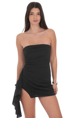 Strapless Ruched Tassel Dress in Black