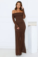 Velour Allure Off Shoulder Maxi Dress Brown
