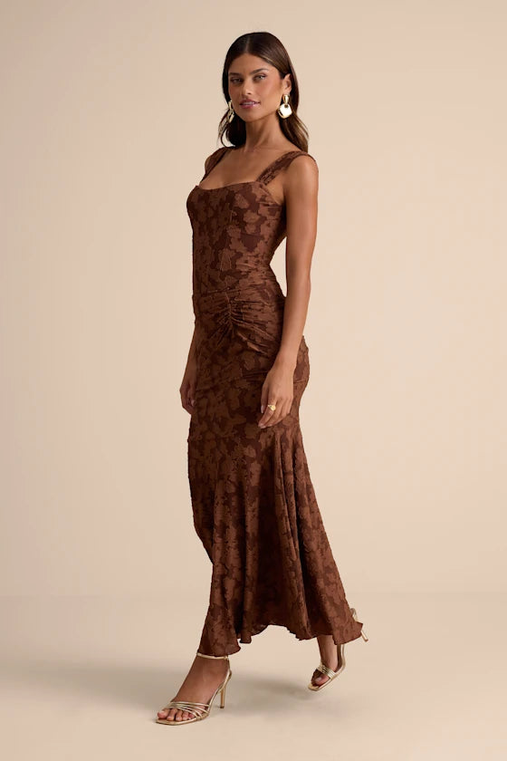 Celeste Brown Floral Burnout Bustier Maxi Dress