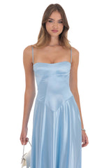 Satin Square Neck Maxi Dress in Light Blue