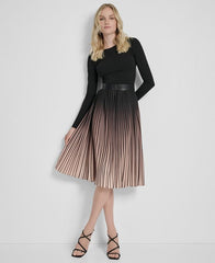 DKNY Women's Ombré Sunburst Pleat-Skirt Long-Sleeve Midi Dress