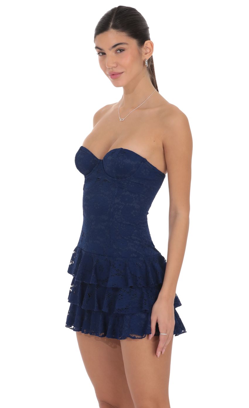 Lace Strapless Ruffle Dress in Navy