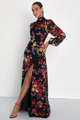 Graceful Arrival Black Floral Burnout Backless Maxi Dress